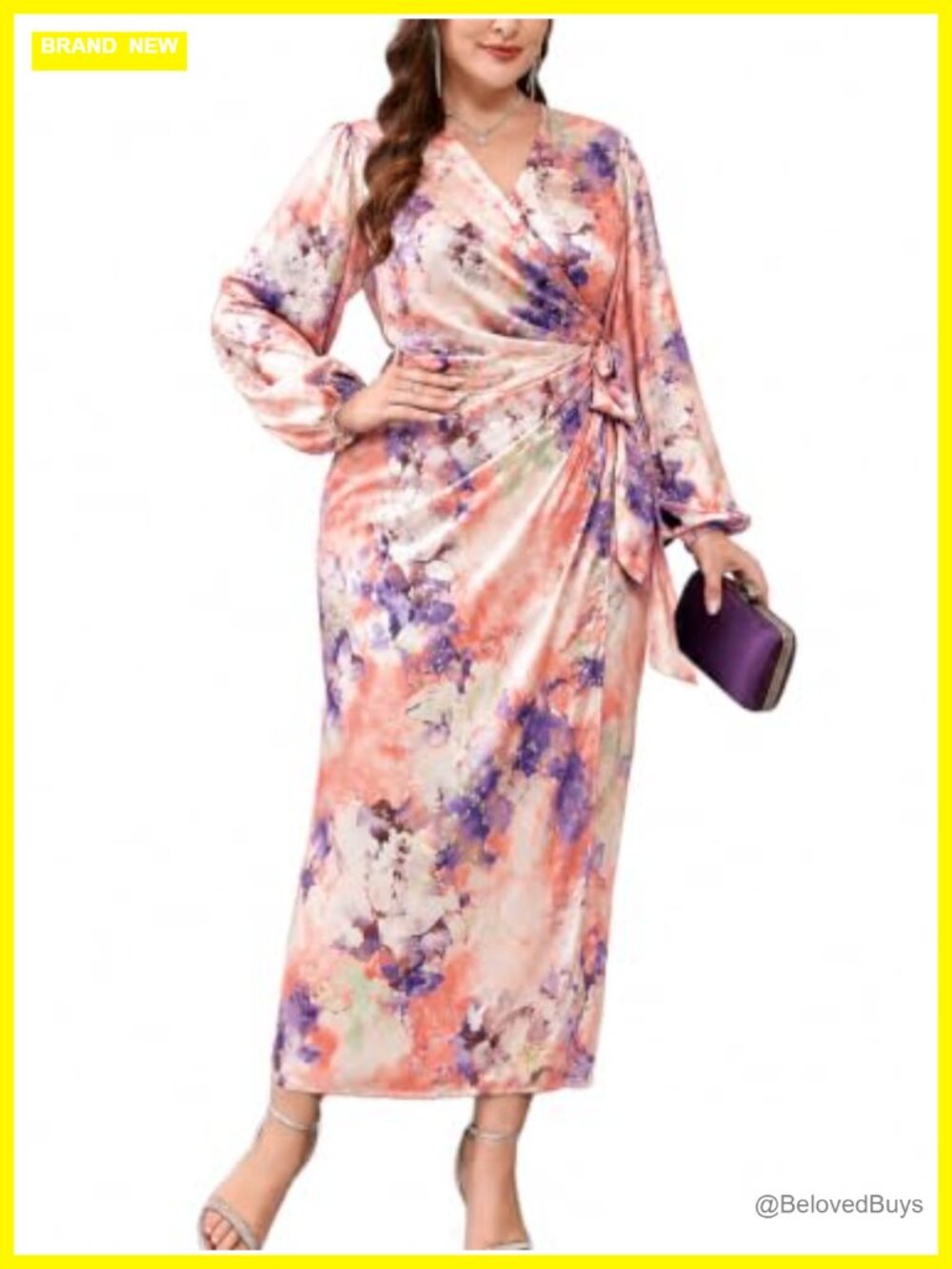 Plus Size Satin Wrap Dress Ruched Tie Waist V Neck Long Sleeve Midi